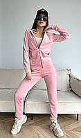Женский спортивный костюм на молнии, велюровый костюм для прогулки с капюшоном, костюм для дома 46/48, Розовый пудра