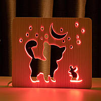 Нічник з дерева світлодіодний "Кіт та мишка під місяцем" з пультом RGB