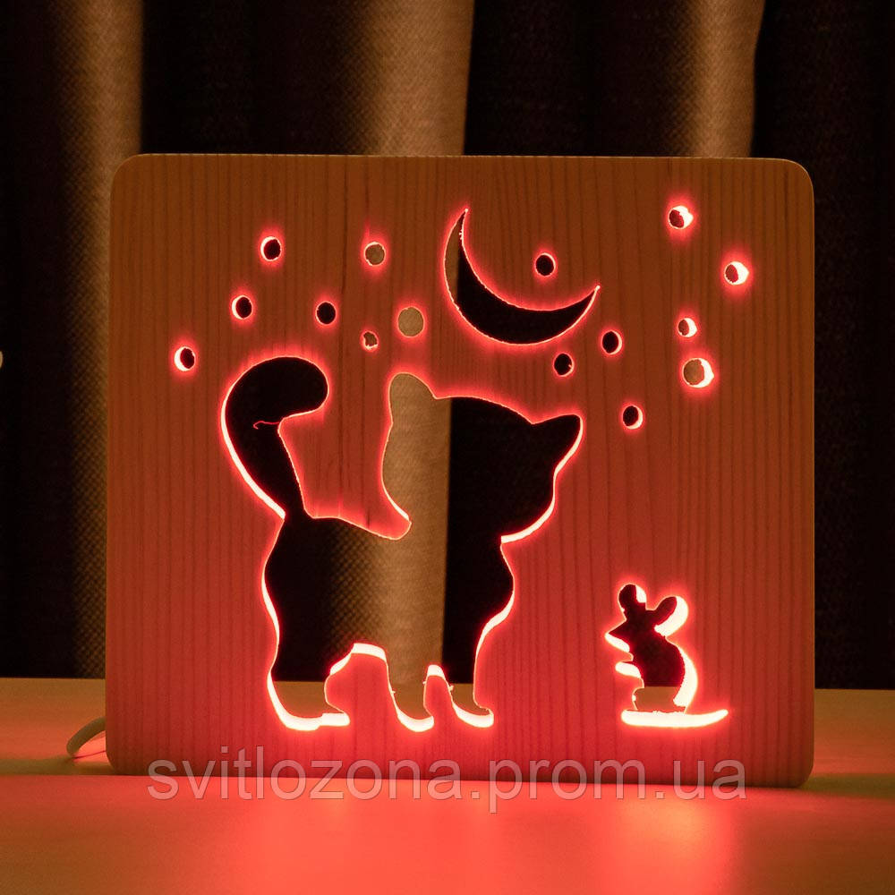 Нічник з дерева світлодіодний "Кіт та мишка під місяцем" з пультом RGB