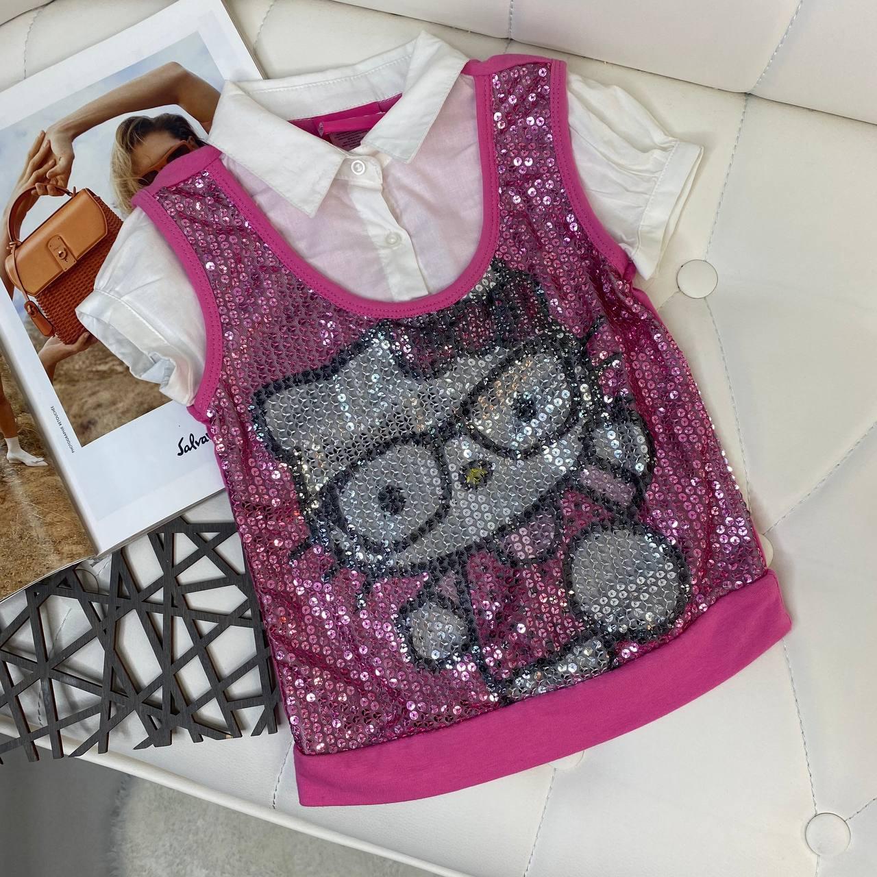 Футболка-обманка для дівчинки з Hello Kitty паєтками Малинова 34368, Рожевий, Для дівчаток, Літо, 104, фото 1