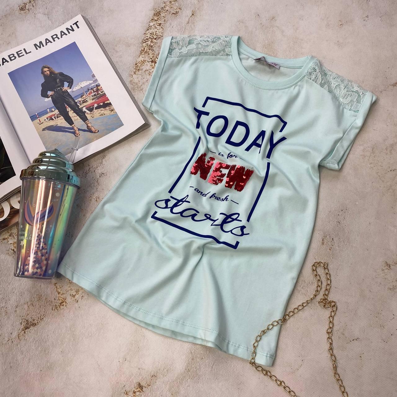 Футболка для дівчинки з написами Блакитна 30367, Wanex, Блакитний, Для дівчаток, Літо, 134, фото 1