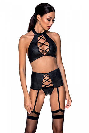 Комплект з еко-шкіри імітація шнурівки Passion NANCY SET XXL/XXXL black топ трусики пояс для панчіх, фото 1