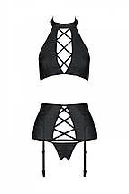 Комплект з еко-шкіри імітація шнурівки Passion NANCY SET XXL/XXXL black топ трусики пояс для панчіх, фото 5