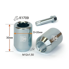 Гайка колісна 209345 Cr DST20A30 Cr M12X1,50 Хром висота 30 мм Конус, внутр. 9 променя.зірка, D=20 мм