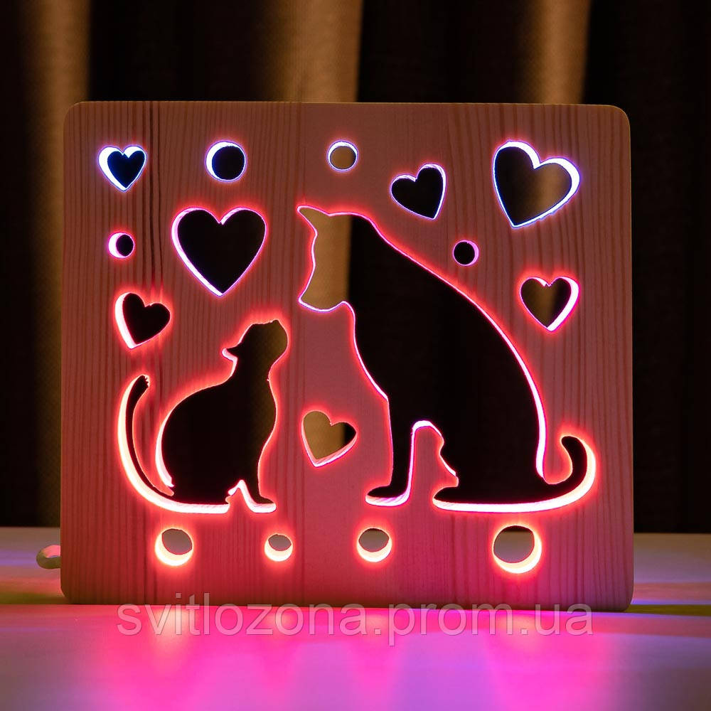 Нічник з дерева світлодіодний "Кіт та пес" з пультом подвійний RGB