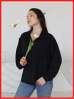 Женская рубашка-жатка Молодежная с карманом Стильная Размер 48 универсальный Цвет Черный