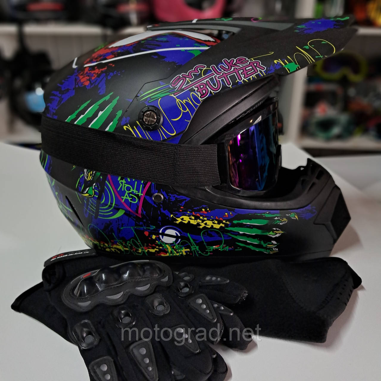 Мото шолом ендуро мото крос Monster Matt + окуляри рукавички та маска в подарунок, фото 1