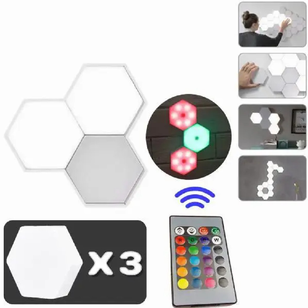 Шестигранний сенсорний LED світильник 3 шт, працює від батарейок, RGB / Настінний нічник з пультом, фото 1