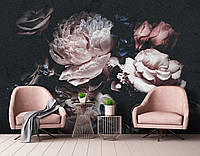 Флизелиновые фото обои 3D Розы Пионы 254x184 см Винтажные цветы на черном фоне (13525V4)+клей