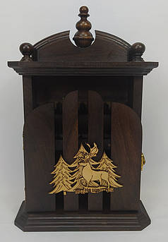 Ключниця настінна дерев'яна ручної роботи на шість гачків з оленем між ялинками │ Настінна ключниця з дерева │ Ексклюзивна ключниц