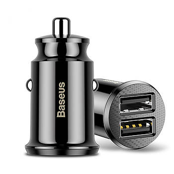 Автомобільний зарядний пристрій на 2 USB 3.1A компактна зарядка в машину Baseus Grain (чорний)