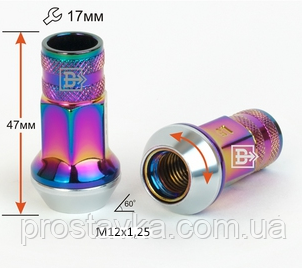 Гайка колісна 300944 SF Ti M12X1,25 Райдужний Титан Хром висота 47 мм, вращ. Конус із виступом., відкр., з накатко, фото 1