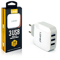 Сетевое зарядное устройство для телефона 3 x USB-A 3.4A + кабель microUSB Ldnio 17W Белый (DL-AC70)