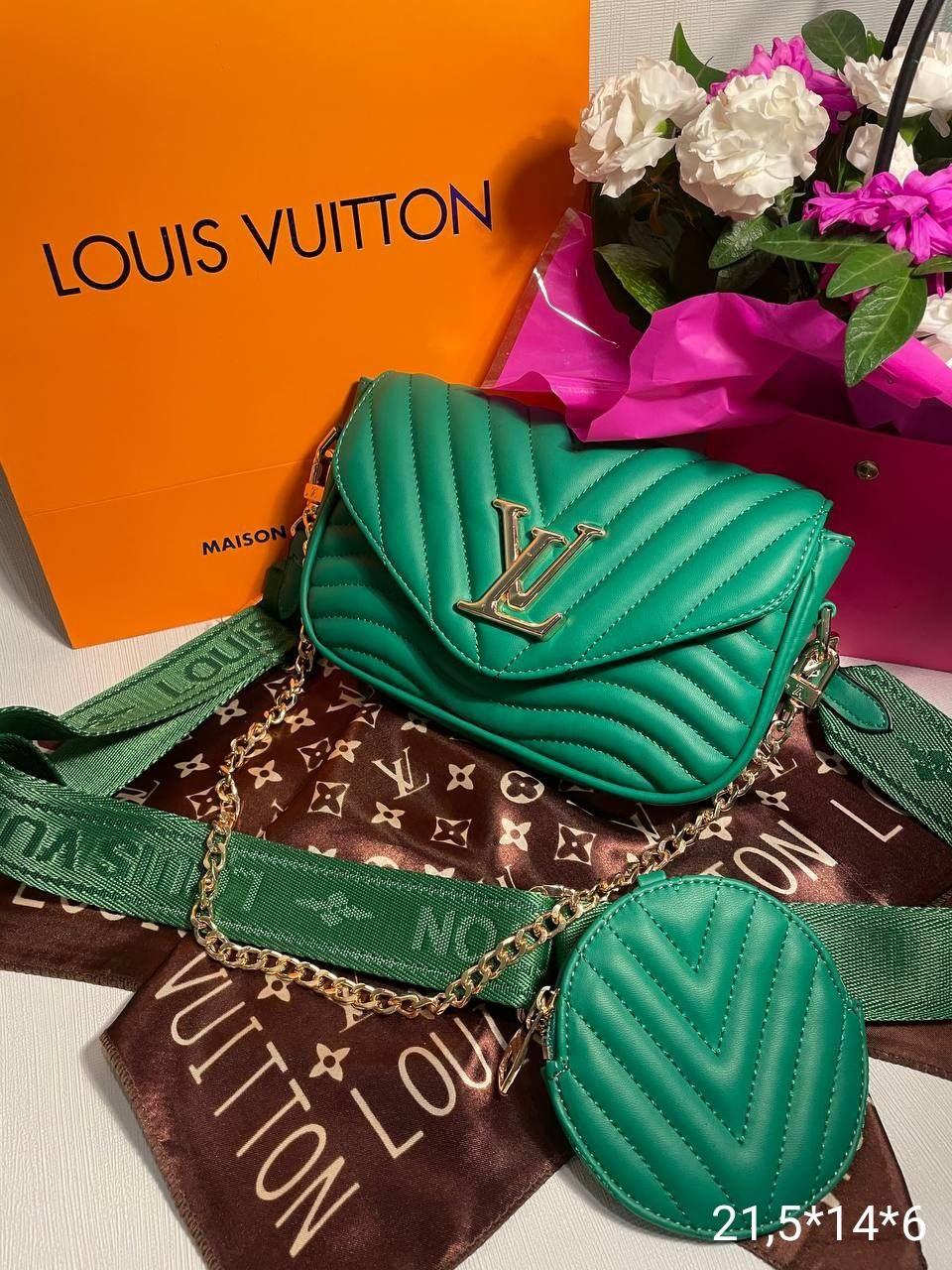 Жіноча сумка Louis Vuitton, 2 в 1, тканинний ремінь, гаманець, зелена, 21*14*6см, 931283