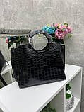 Чорна — стильна сумка на три відділення — фурнітура темне срібло — з крокодиловим принтом (2049-3), фото 5