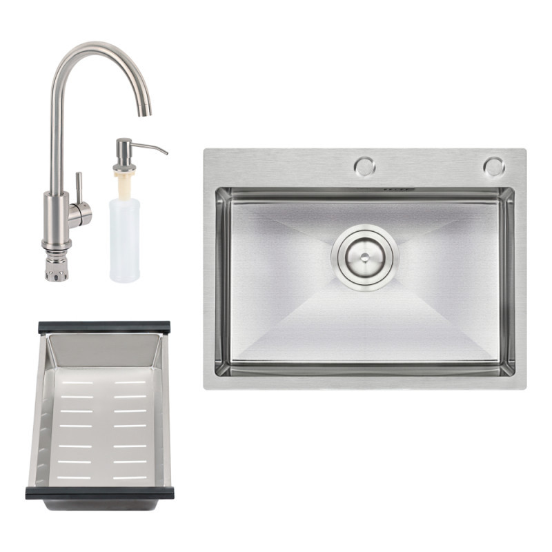 Набір 4 в 1 Qtap кухонна мийка D6045 Satin + змішувач + сушарка + дозатор для миючого коштів