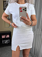 Костюм вязаная женская юбка и базовая женская модная стильная трикотажная вязаная футболка кофта белый 42/48
