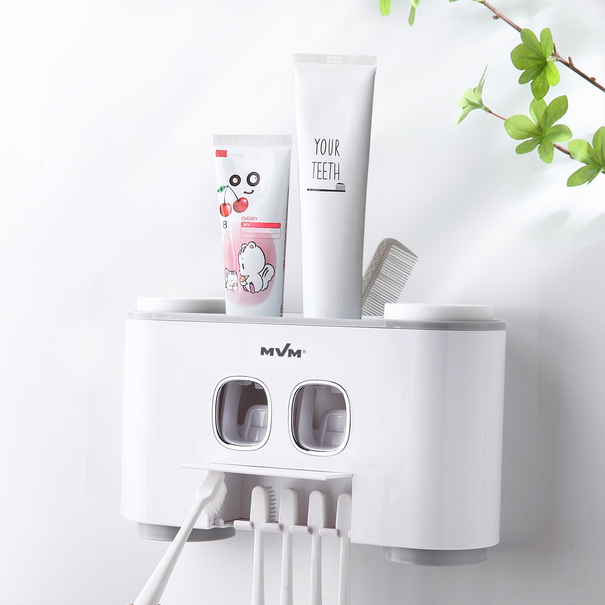 Диспенсер зубної пасти MVM подвійний зі склянками біло-сірий