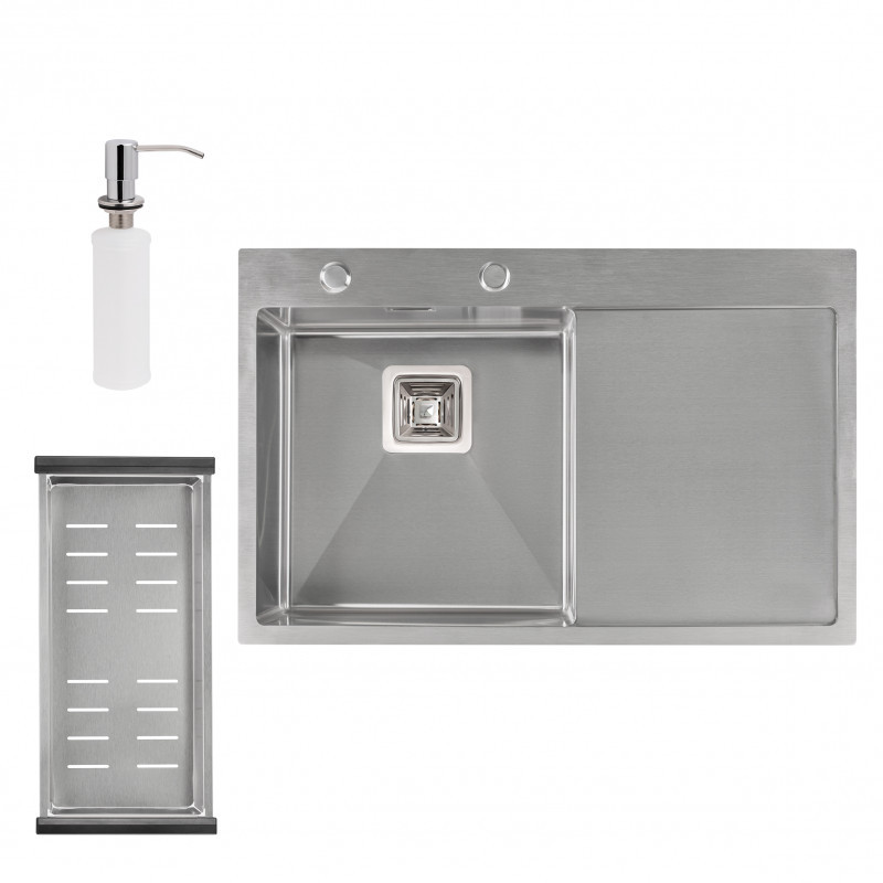 Набір 3 в 1 Qtap кухонна мийка DK7850L 3.0/1.2 мм Satin + сушарка + дозатор для мийного засобу, фото 1
