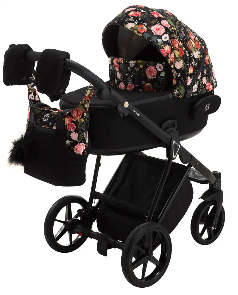 Коляска 2 в 1 Adamex Porto Flowers чорна, фото 1