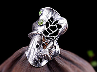 Широкое серебряное женское кольцо цветок Лотос нефрит 14,5 грамм Эксклюзив регулируется