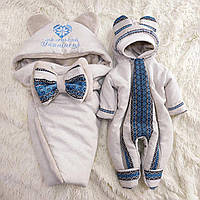 Конверт + комбинезон для новорожденных мальчиков, вышивка Маленький Українець, лен + махра