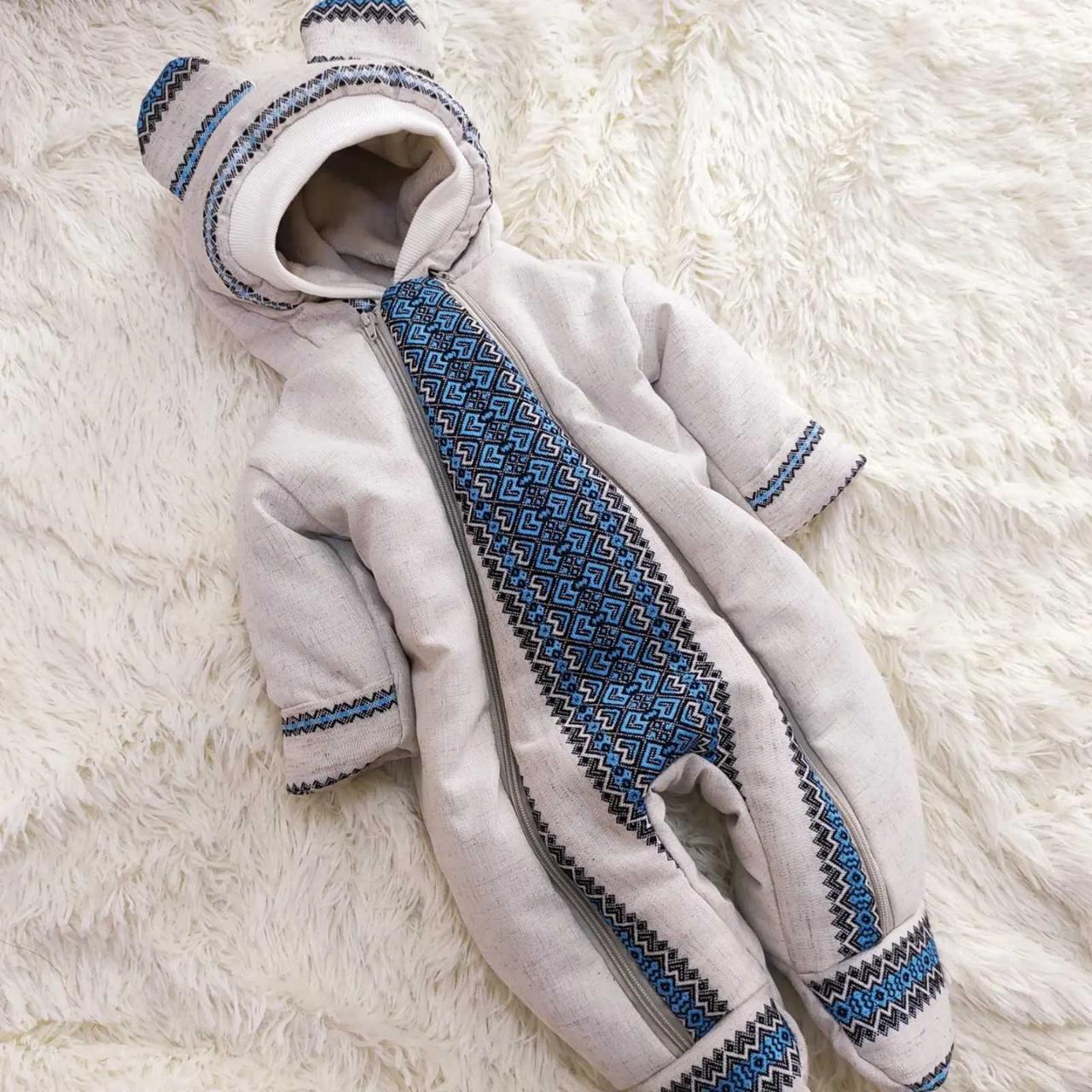 Комбінезон для новонароджених хлопчиків, принт Вишиванка, льон + махра, фото 1