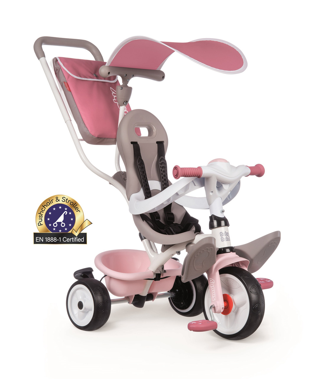 Дитячий велосипед Smoby Toys металевий з козирком багажником і сумкою Рожево-сірий (741401)