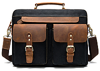 Сумка-портфель мужская текстильная с кожаными вставками Vintage 20002 Черная деловая сумка для мужчин
