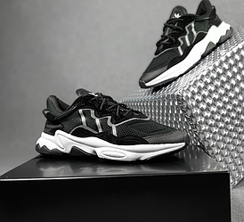 Чоловічі кросівки Adidas Ozweego чорно-білі взуття на літо Адідас Озвіго сітка текстиль
