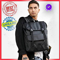 Черный мужской рюкзак для прогулок с эко кожи с клапаном, отделением для ноутбука