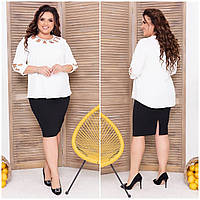 Стильний діловий жіночий костюм-двійка великих розмірів: ошатна блузка + спідниця (р.48-50). Арт-2270/42 молочний