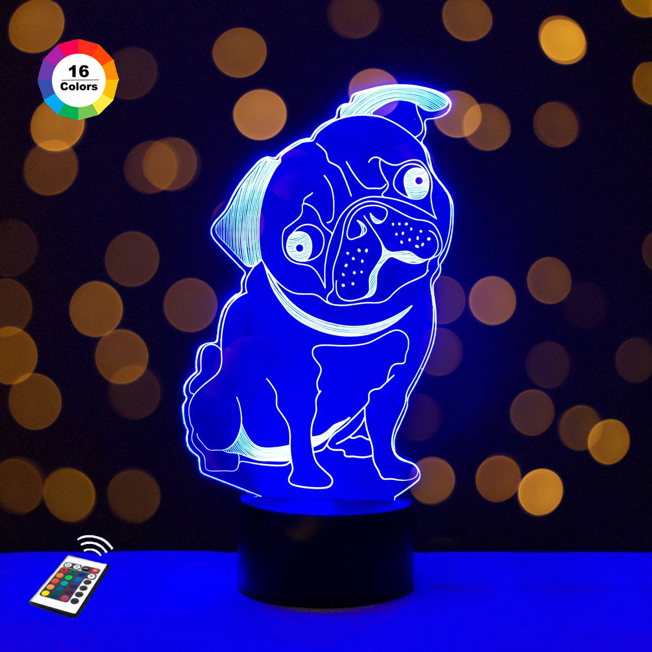 3D нічник "Мопс 2" (ВОЛІЧНЕ ЗОБРАЖЕННЯ)+ пульт ДК+ батарейки (3АА) 3DTOYSLAMP