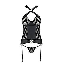 Сітчастий комплект з візерунком Passion HIMA CORSET L/XL black корсет з халтером, підв'язки, трусики, фото 5