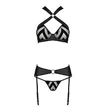 Сітчастий набір з візерунком, бюстгальтер, трусики, пояс для панчіх Passion HIMA SET L/XL black, фото 3