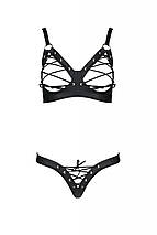 Комплект з екошкіри Passion CELINE BIKINI 4XL/5XL black, відкритий бра, стрінги зі шнурівкою, фото 3