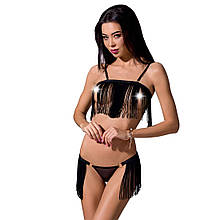 Комплект білизни Passion Exclusive KASSANDRA SET OpenBra L/XL black, ліф з бахроми, трусики-спідниця