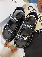 Жіночі чорні шкіряні сандалії Celine з білими написами Селін босоніжки сандалі на високій платформі, фото 3