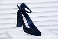 Туфлі жіночі, замшеві, класичні, на підборах, з ремінцем, чорні, розмір  37р(23.5см)