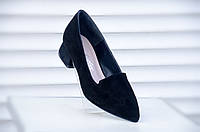 Туфлі жіночі, класичні, замшеві, на низькому каблуці, без застібки, чорні, розмір 36, 37, 38, 39, 40