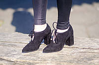 Туфли женские, черные, велюр, устойчивый, широкий каблук, натуральная середина. Туфлі жіночі, чорні, зручні