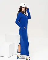 Синее ангоровое длинное платье с карманами