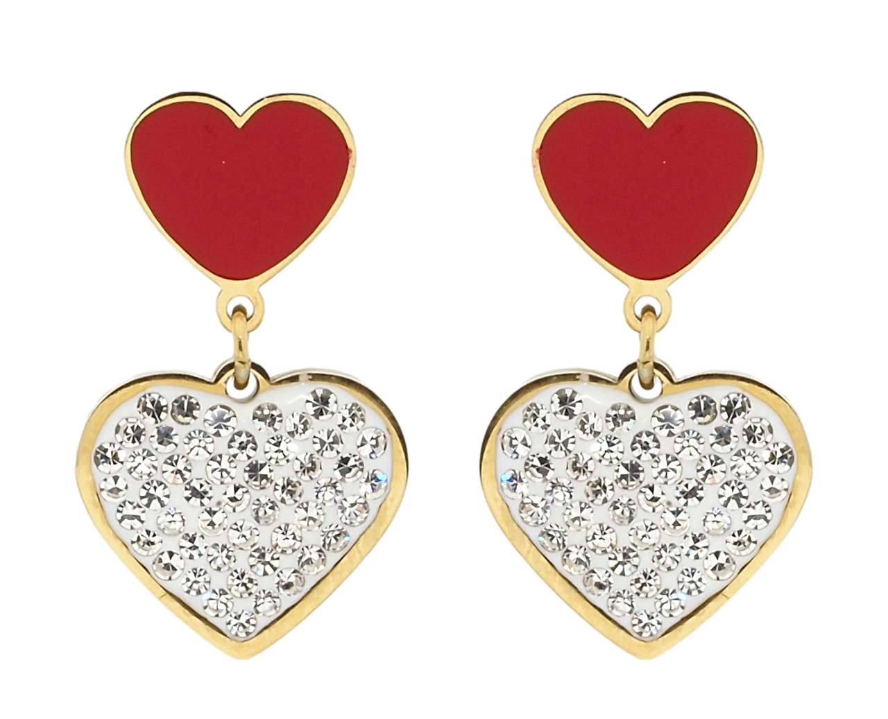 Сережки Xuping TTM Stainless Steel колір 14K пусети "Серця з цирконієм та червоною емаллю"