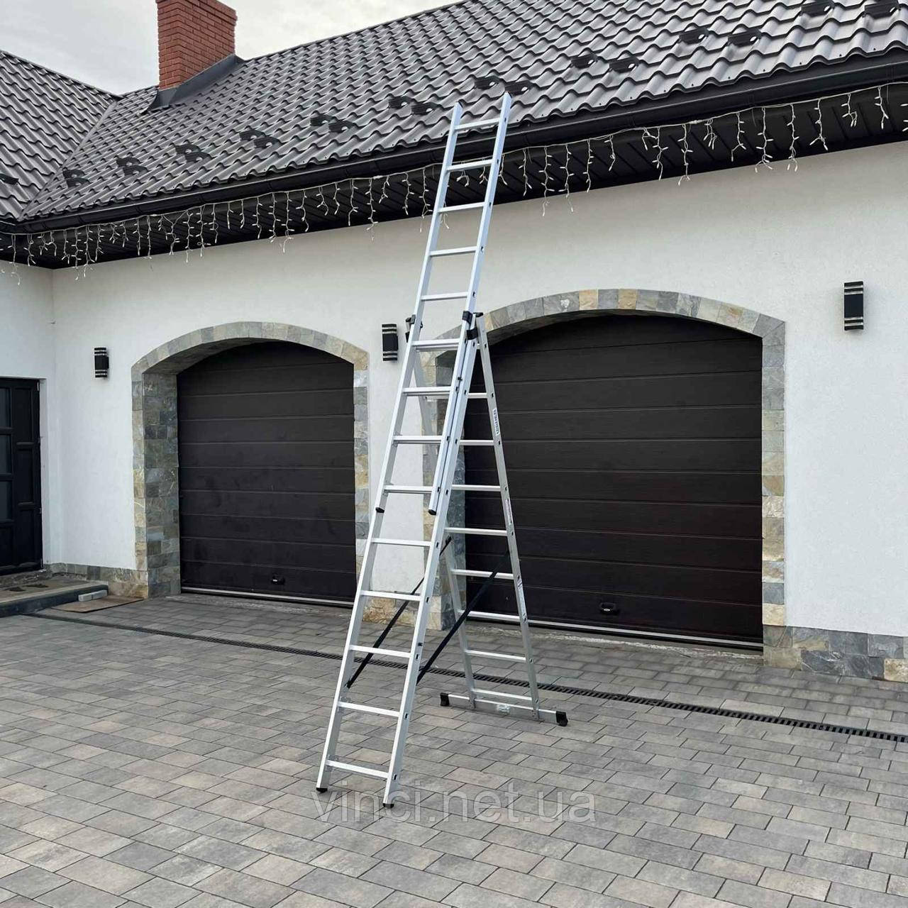 Драбина алюмінієва універсальна розкладна HIGHER 3х9 Стремянка Лестница складная 5.42м - 6.25м ПОЛЬША, фото 1