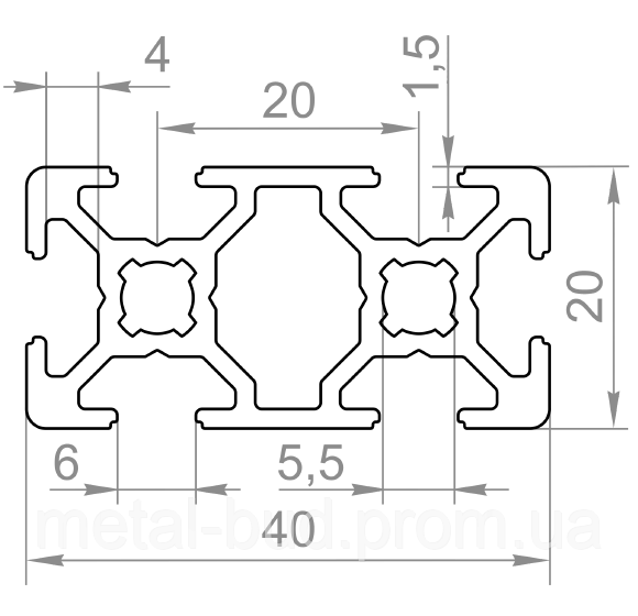 Алюминиевый станочный профиль 40х20 N1580 - фото 2 - id-p1794692918