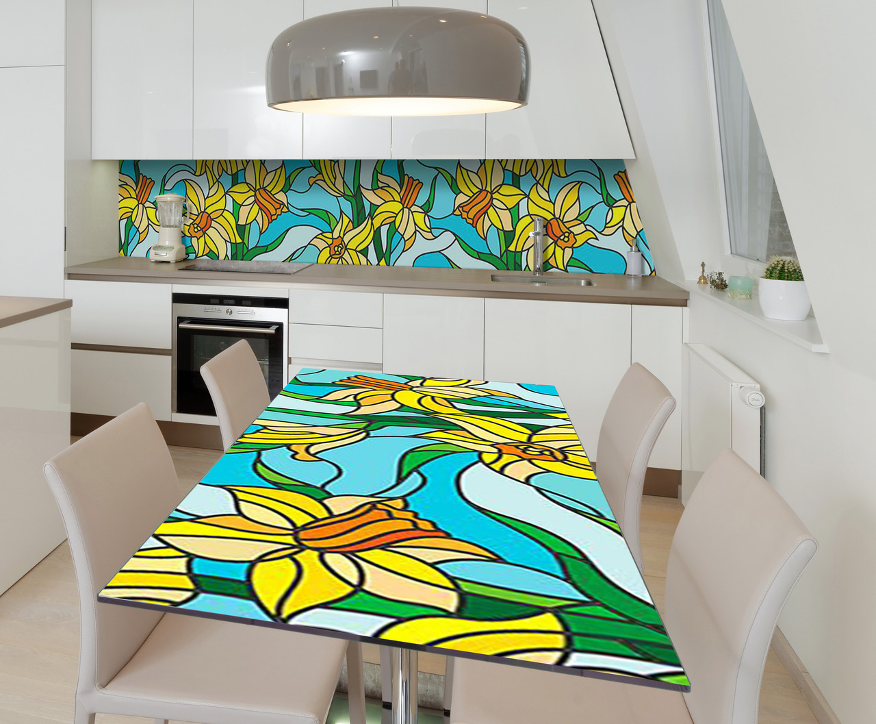 Наліпка 3Д виниловая на стол Zatarga «Витражи с нарциссами» 600х1200 мм для домов, квартир, столов, кофейн,