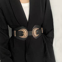 Ремень женский широкий массивный эко-кожаный ремень-корсет с фигурной винтажной пряжкой ремень-резинка Черный