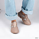 Шкіряні бежеві жіночі кросівки зі шнурками, фото 3