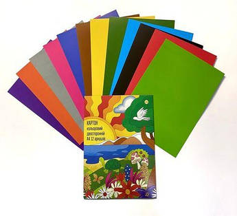 Набір кольорового картону А4, 12 аркушів 12 кольорів, двосторонній Тетрада