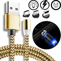 Магнітний кабель 3в1 (USB - Type-C, Micro USB, Lighting) 1м, з LED підсвічуванням M3, Золотистий